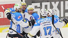 Hokejisté Plzně se radují z gólu proti Kometě Brno.