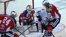 Liberecký Tomá� Bulík (v bílém) bojuje p�ed brankou pardubického gólmana Du�ana...