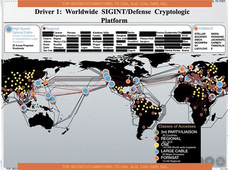 Mapa zobrazující místa, odkud NSA získává informace. lut je vyznaeno...