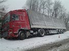 Slovenský kamion skonil v Lideku ve svodidlech a hrozil jeho pád.