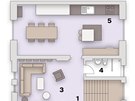 Pdorys bytu: 1. patro: 1.  schodit, 2. balkon, 3. obývací pokoj, 4.