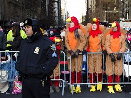 Diváci obleení v kostýmech krocan pihlíejí prvodu v New Yorku. Opeenc s...