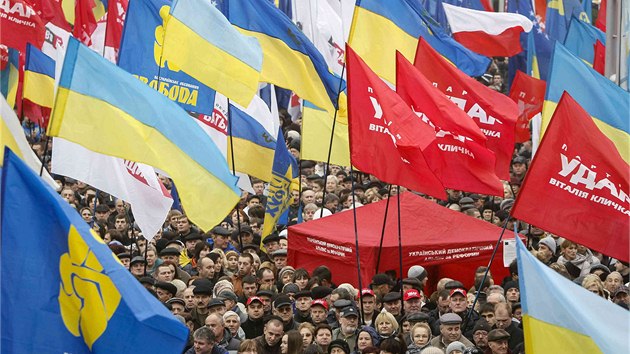 Desetitisce lid se zastnily nedln demonstrace v Kyjev. Organiztoi protest pojmenovali "Za evropskou Ukrajinu", reagovali tak na zastaven integrace sttu s Evropskou uni. (24. listopadu 2013)