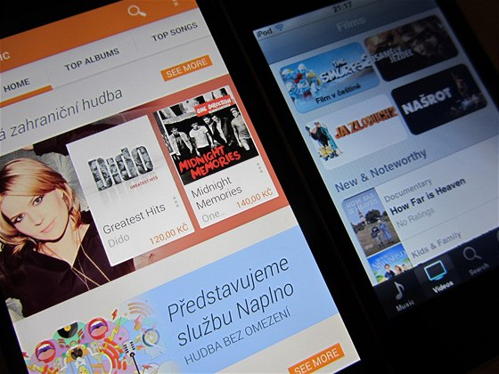 Pohled na sekci Hudba Play a nabídku film na iTunes