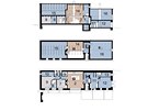 Pdorysy domu: 1 - vstupní schodit, 2 - obytný prostor s kuchyní, 3 - spí, 4...