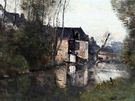 Camille Corot, Voisinlieu pres Beauvais - Maisons au bord de l'eau avec un...