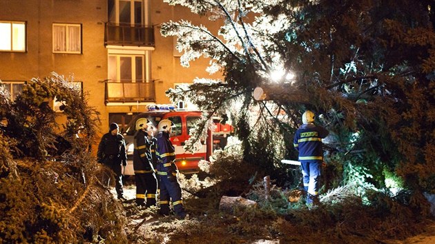 Hasii odstrauj strom, kter v noci v  Novm Mst nad Metuj vyvrtil siln vtr. Strom se ztil na zaparkovan automobil.