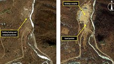 Satelitní snímky severokorejského pracovního táboru (bezen 2011 a únor 2012)