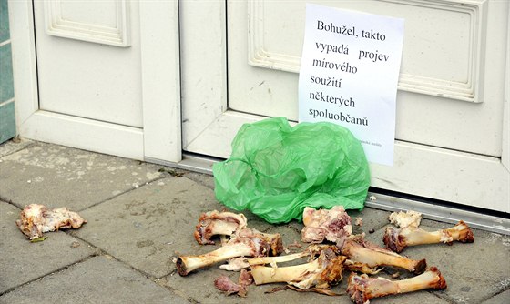 Vepřové kosti před brněnskou mešitou (19. prosince 2013)