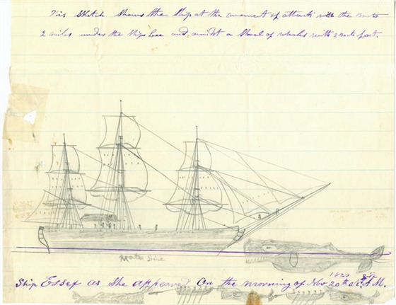 Náčrtek Thomase Nickersona velrybářského škuneru Essex.