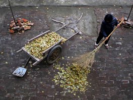 A woman sweeps leaves in a yard at the Democracy Elementary and Middle School...