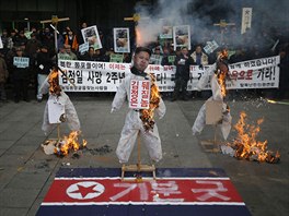 V jihokorejskm Soulu lid naopak protestovali. Na snmku ho podobizny t...