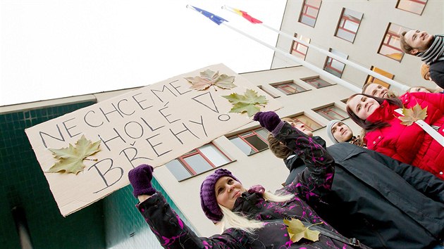 Hlavně studenti přišli v Hradci Králové demonstrovat před magistrát proti kácení stromů kolem řeky Orlice (11.12.2013).