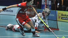 RYCHLE DO ÚTOKU. Florbalová útonice Dominika teglová se snaí dostat míek co...