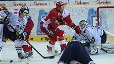 GÓLOVÁ RADOST. Bek libereckých hokejist� Jan Výtisk takhle slavil vít�zný t�etí gól v síti Slavie, p�i kterém úsp�n� clonil ve výhledu branká�i Furchovi po st�ele svého par�áka z obrany Martina �akajíka.