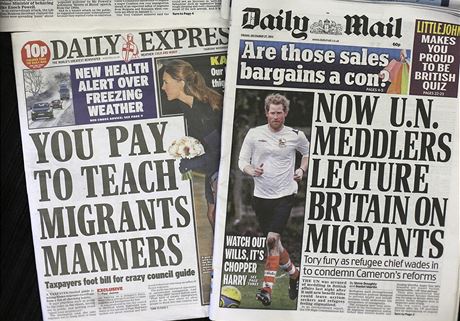 Nedávná vydání britských list Daily Express a Daily Mail s titulky o imigraci 