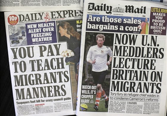 Nedávná vydání britských list Daily Express a Daily Mail s titulky o imigraci 