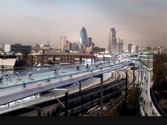 Londýn chystá síť cyklostezek nad ulicemi města (vizualizace).