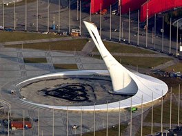 An  aerial  view from a helicopter shows the "Iceberg" Skating Palace (top)...