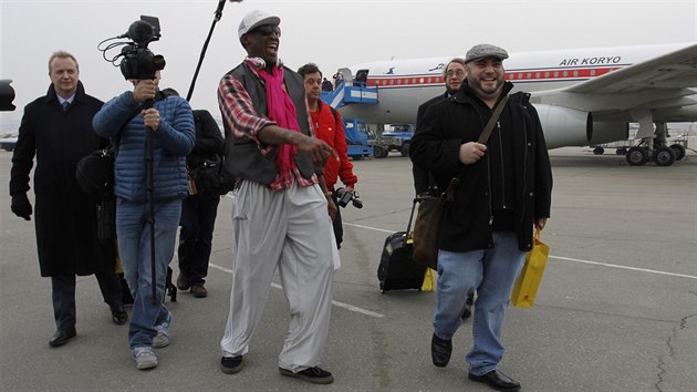 Dennis Rodman po pletu na letit v Pchjongjangu (6. ledna 2014)