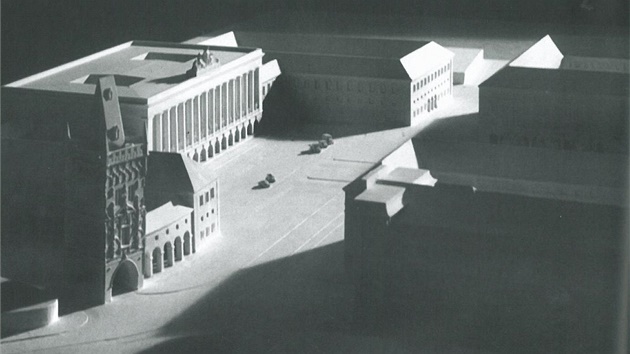 Theissova představa podoby úprav v okolí Prašné brány s výraznou budovou koncertního domu