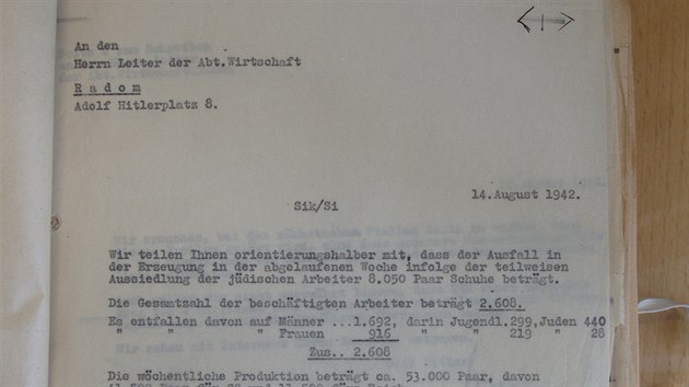 Dopis vedení továrny v Radomi na nacistickou správu, ve kterém se žádá o ponechání Židů. Pokud by to nebylo možné, žádá se o dodání francouzských nebo belgických válečných zajatců.