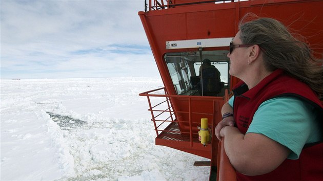 Z paluby australskho ledoborce je v dlce na obzoru vidt nsk ledoborec Snn drak  (2. ledna 2014).
