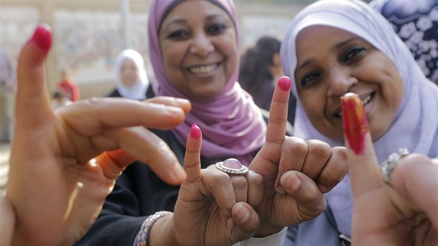 Egyptsk eny ukazuj sv prsty namoen v inkoustu pot, co hlasovaly v referendu o nov stav (14.ledna 2014)