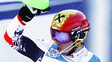 TRIUMF. Marcel Hirscher  v cíli slalomu v Adelbodenu.  