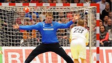 �eský branká� Tomá� Mrkva inkasuje v utkání s Rakouskem. 