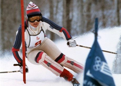 Hanni Wenzelová ve slalomu na olympijských hrách v Lake Placid 1980. 