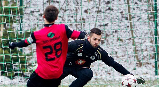 Hradecký gólman Petr Koubek zasahuje v duelu s Mladou Boleslaví.