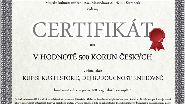Kopie certifikátu, jehož majitel získá nárok na jeden hliníkový výlisek ze stropu šternberského společenského sálu. Stejné výlisky pak zdobí historické stanice ze sedmdesátých let v pražském metru na lince A. (23. ledna 2014)