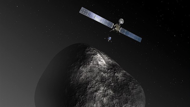Ilustrace sondy Rosetta nad kometou Čurjumov-Gerasimenko