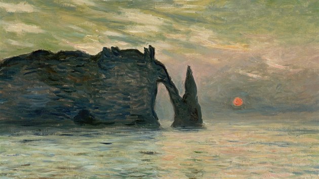 Obraz Clauda Moneta Zpad slunce nad tesem v Etretat (The Cliff, Etretat, Sunset).