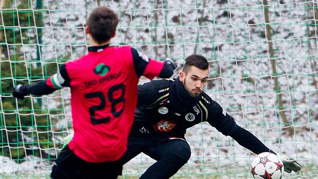 Hradeck glman Petr Koubek zasahuje v duelu s Mladou Boleslav.