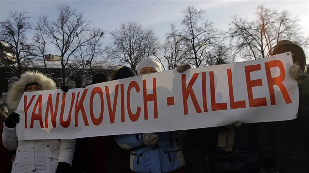 Někteří z demonstrantů mají jasno. Za oběti na životech podle nich může prezident Janukovyč (Kyjev, 26. ledna 2014),