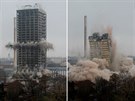 Na demolici 116 metr vysoké budovy ve Frankfurtu nad Mohanem technici...