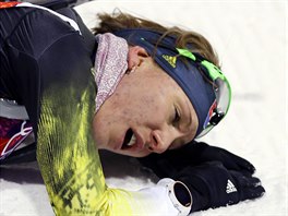 Slovensk biatlonistka Anastasia Kuzminov v cli zvodu ve sprintu na 7,5...