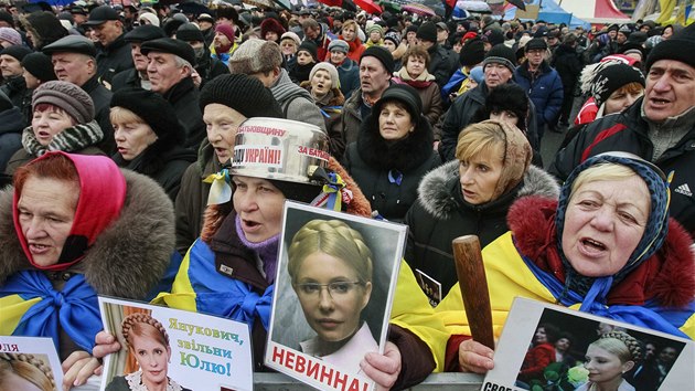 V centru Kyjeva se opt demonstrovalo proti vld. Lid pinesli transparenty na podporu vznn Julie Tymoenkov (9. nora 2014)