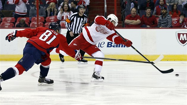 Tom Tatar (vpravo) z Detroitu st na washingtonskou branku, zastavit ho zkou Dmitrij Orlov.