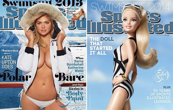 Kate Uptonová a panenka Barbie na obálce plavkového vydání Sports Illustrated v...