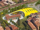 Letecký pohled na areál Muzea Ferrari v Moden