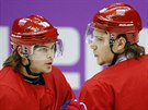 Rutí hokejisté Viktor Tichonov (vlevo) a Artm Anisimov pi tréninku národního...