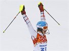 eská lyaka Klára Kíová v cíli slalomu v areálu Rosa Chutor. (10. února...