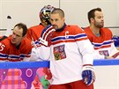 Kapitán Tomá Plekanec (uprosted) pi spoleném focení eské hokejové...