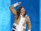 Eva Samková si skáe na stupn vítz pro  zlatou medaili.