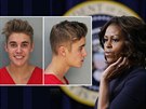 Justin Bieber na policejním snímku a Michelle Obamová