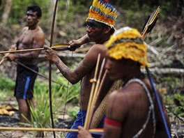 Munduruku Indian warriors prepare themselves as they approach a wildcat gold...