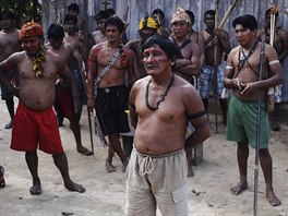 Munduruku Indian warriors hold a meeting while on their search for illegal gold...